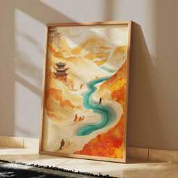 Asian River Landscape Poster Orange Gold Nature Wall Art Vertical Temple Print For Living Room Bedroom Office Decor, Ink - thumbnail 2