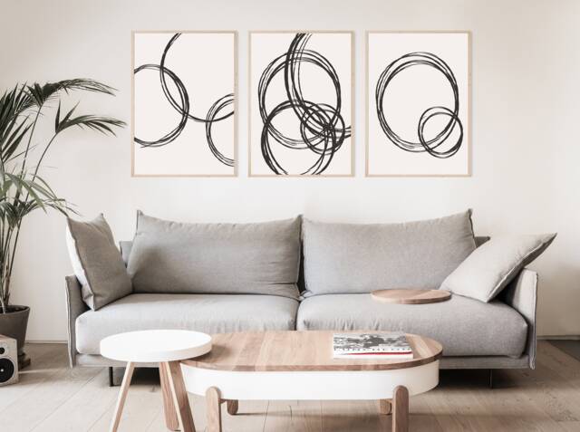 Black & Beige Abstract Circle Line Art Set Of 3, Black, Beige, Minimal Contemporary Print, Wall Art, Poster, Gallery Home Decor - image 1