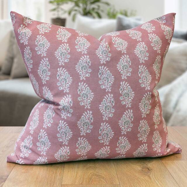 Chatsworth Extra-Large Linen-Blend Cushion in Dusky Pink. Geometric Floral Paisley Design On A Linen Mix Background. 23x23 - image 1