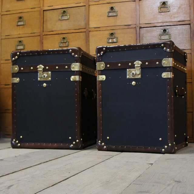 Handmade Black Canvas Steamer Trunk Table With English Leather Trim - Pair - image 1