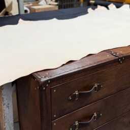 Handmade Black Canvas Steamer Trunk Table With English Leather Trim - Pair - thumbnail 4