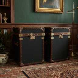 Handmade Black Canvas Steamer Trunk Table With English Leather Trim - Pair - thumbnail 2