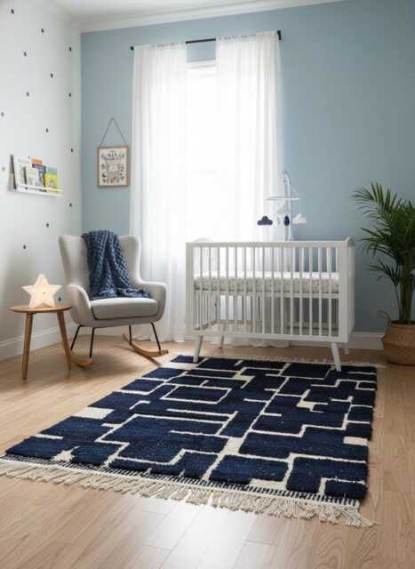Handwoven Moroccan Wool Rug - Blue Ivory Geometric Berber Area - image 1