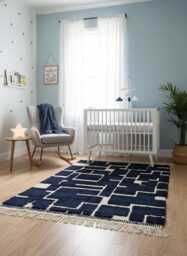 Handwoven Moroccan Wool Rug - Blue Ivory Geometric Berber Area - thumbnail 1