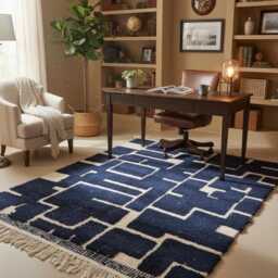 Handwoven Moroccan Wool Rug - Blue Ivory Geometric Berber Area - thumbnail 3