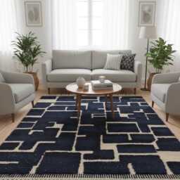Handwoven Moroccan Wool Rug - Blue Ivory Geometric Berber Area - thumbnail 2