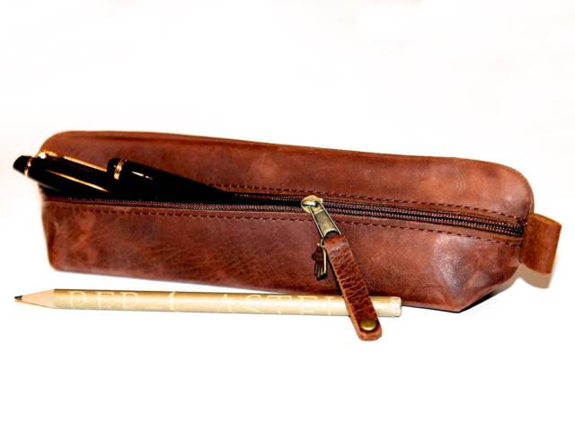 Pencil Case Leather Siena Brown Vegetable Tanned Elegant, Classy Practical Gift Teacher Pencil Roll-Up Pen - image 1