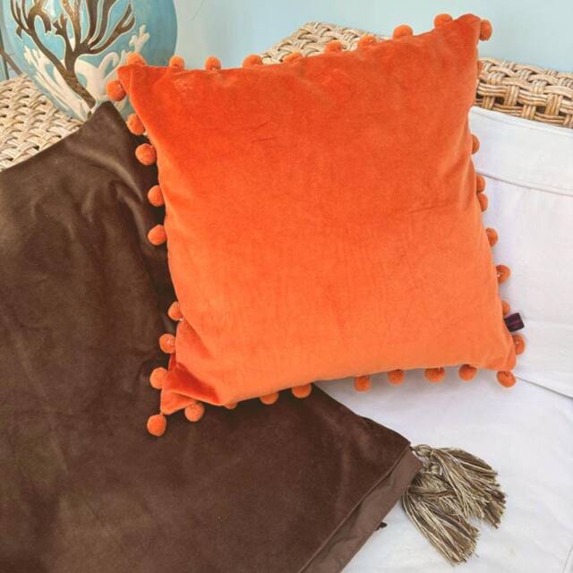 Orange Velvet Pom Cushion, Cotton Accent Pillow - 50x50cm - image 1