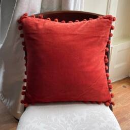 Orange Velvet Pom Cushion, Cotton Accent Pillow - 50x50cm - thumbnail 3