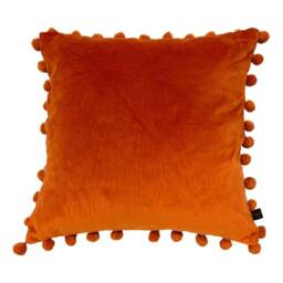 Orange Velvet Pom Cushion, Cotton Accent Pillow - 50x50cm - thumbnail 2