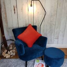Orange Velvet Pom Cushion, Cotton Accent Pillow - 50x50cm - thumbnail 4