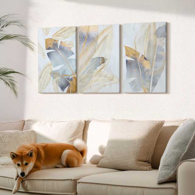 Canvas Set Of 3 Wall Art - Leaves in Shades Blue & Beige, Large Art, Plants Flowers Decor - image 1