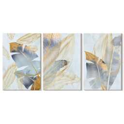 Canvas Set Of 3 Wall Art - Leaves in Shades Blue & Beige, Large Art, Plants Flowers Decor - thumbnail 2