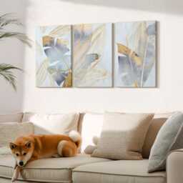 Canvas Set Of 3 Wall Art - Leaves in Shades Blue & Beige, Large Art, Plants Flowers Decor