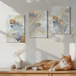 Canvas Set Of 3 Wall Art - Leaves in Shades Blue & Beige, Large Art, Plants Flowers Decor - thumbnail 3