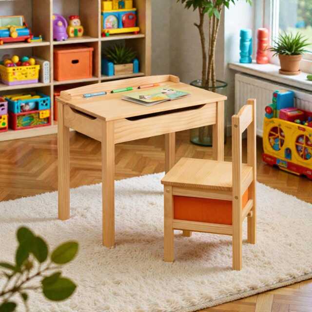 Kids Wooden Table & Chair Set, Flip Top Desk With Storage - image 1