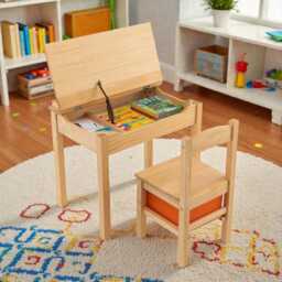 Kids Wooden Table & Chair Set, Flip Top Desk With Storage - thumbnail 2