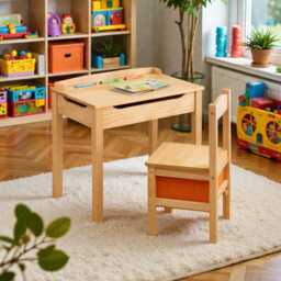 Kids Wooden Table & Chair Set, Flip Top Desk With Storage - thumbnail 1
