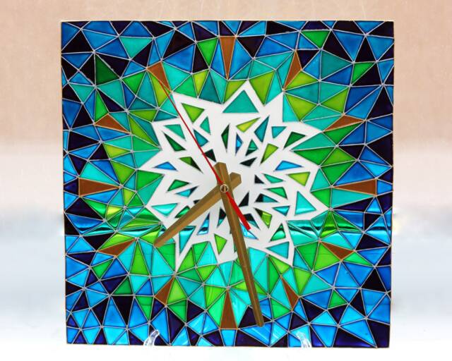 stain Glass Modern Clock_Hand Painted Square Wall Decor_Polygonal Art Clock_Unique Geometric Design Table Clock_Blue Gold Green Decor - image 1