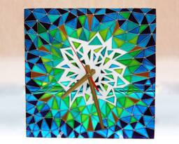 stain Glass Modern Clock_Hand Painted Square Wall Decor_Polygonal Art Clock_Unique Geometric Design Table Clock_Blue Gold Green Decor