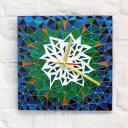 stain Glass Modern Clock_Hand Painted Square Wall Decor_Polygonal Art Clock_Unique Geometric Design Table Clock_Blue Gold Green Decor - thumbnail 2