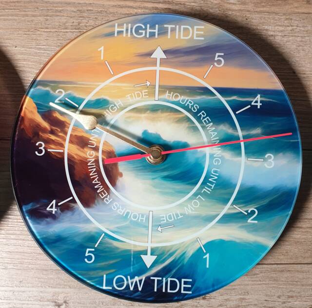 20cm Printed Glass High & Low Tide Time Wall Clock Showing Hours To The Tides - image 1