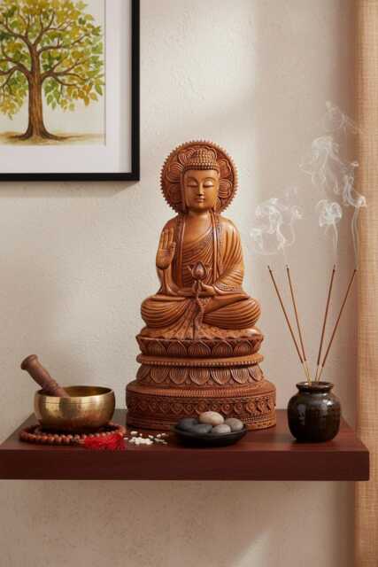 Hand Carved Wooden Buddha Statue, Home Decor Gift, 17 Inch - image 1