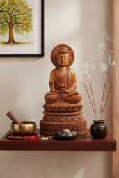 Hand Carved Wooden Buddha Statue, Home Decor Gift, 17 Inch - thumbnail 1