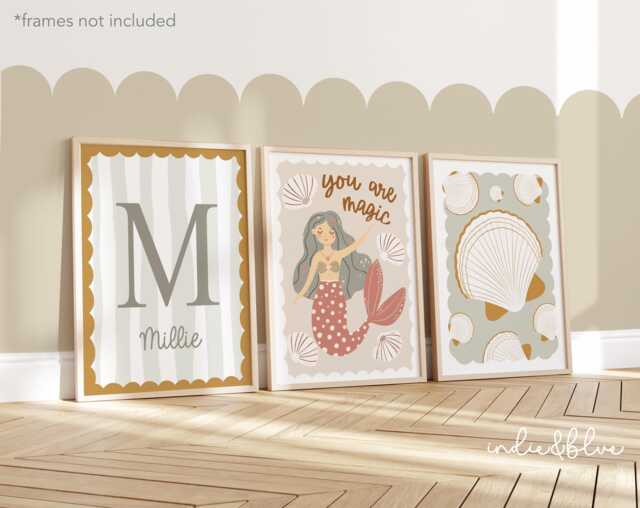Set Of 3 Sea Prints, Personalised Mermaid Print, Shells World Is Your Oyster Ocean Nursery Under The Prints - image 1