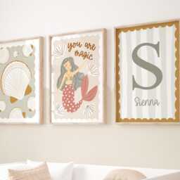 Set Of 3 Sea Prints, Personalised Mermaid Print, Shells World Is Your Oyster Ocean Nursery Under The Prints - thumbnail 3