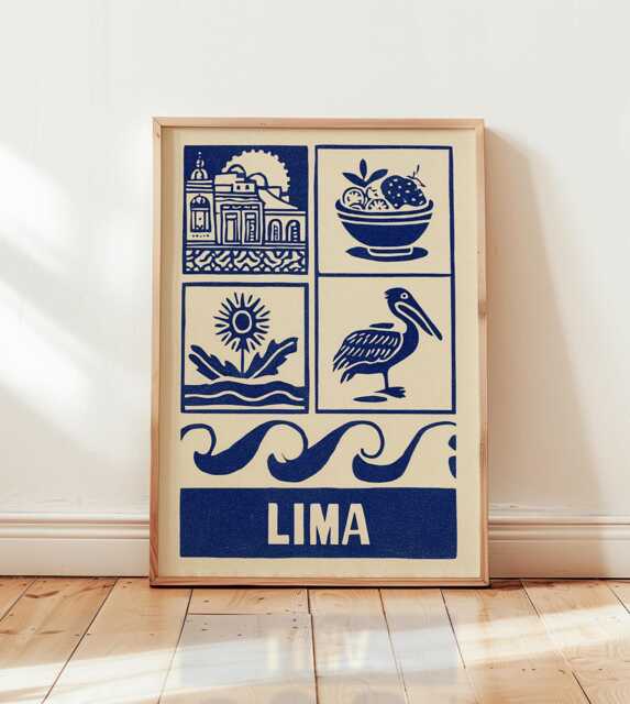 Lima Linocut Art Print, Modern Peruvian Poster, Minimalist Travel Wall Art, Blue & Beige City Boho Latin America Decor - image 1
