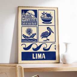 Lima Linocut Art Print, Modern Peruvian Poster, Minimalist Travel Wall Art, Blue & Beige City Boho Latin America Decor - thumbnail 2