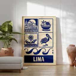 Lima Linocut Art Print, Modern Peruvian Poster, Minimalist Travel Wall Art, Blue & Beige City Boho Latin America Decor - thumbnail 3