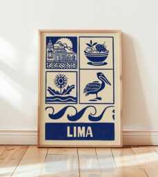 Lima Linocut Art Print, Modern Peruvian Poster, Minimalist Travel Wall Art, Blue & Beige City Boho Latin America Decor - thumbnail 1