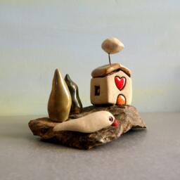 Handmade Ceramic Beach House Sculpture, Miniature Table Decor - thumbnail 3