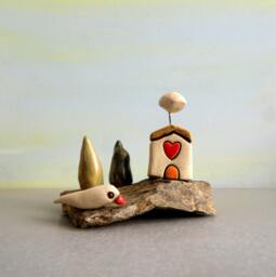 Handmade Ceramic Beach House Sculpture, Miniature Table Decor