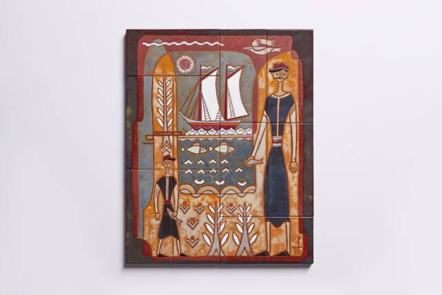 Handmade Ceramic Tile Mural, Sailing Ship, Greek Folk Art - image 1