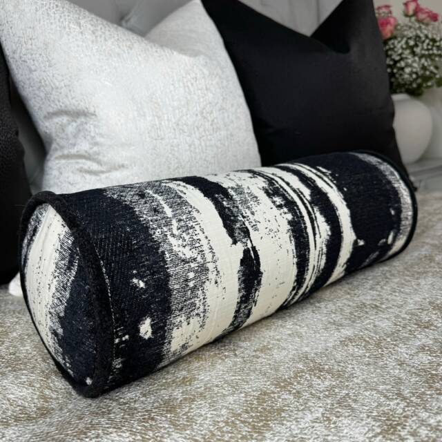 Monochrome Bolster Cushion, Black - Cream Feather Pillow Clarke & Designer Fabric Sofa Accent 16x6 - image 1