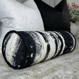 Monochrome Bolster Cushion, Black - Cream Feather Pillow Clarke & Designer Fabric Sofa Accent 16x6 - thumbnail 2