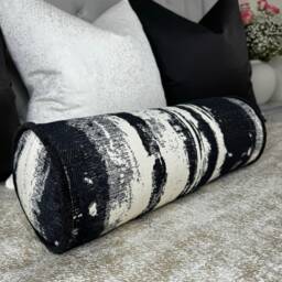 Monochrome Bolster Cushion, Black - Cream Feather Pillow Clarke & Designer Fabric Sofa Accent 16x6 - thumbnail 1