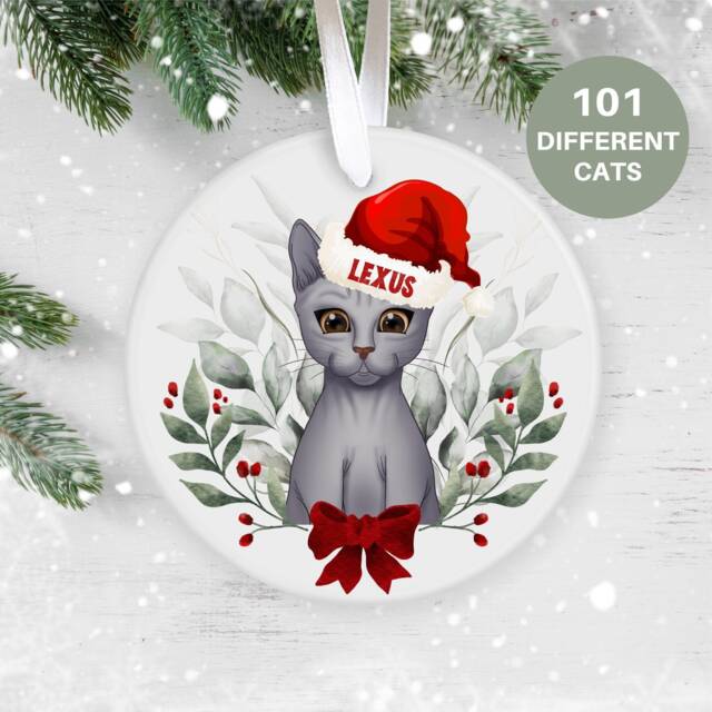 Russian Blue, Personalised Christmas Ornament, Tree Custom Cat Pet Lover, Personalized Bauble Ceramic 2022 UK - image 1