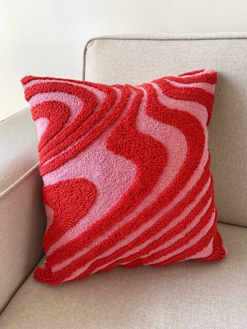 Hand Tufted Punch Needle Pillow Cover, Decorative Embroidered Cushion Cover, Y2K Vibrant Wavy Lines, Fun Home Decor Rug, Psychedelic Printed - image 1
