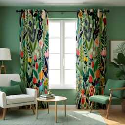 Tropical Garden Curtains, Colorful Botanical Floral Drapes, Green Jungle Print Window Panels, Custom Made Eyelet Or Rod Pocket Curtains