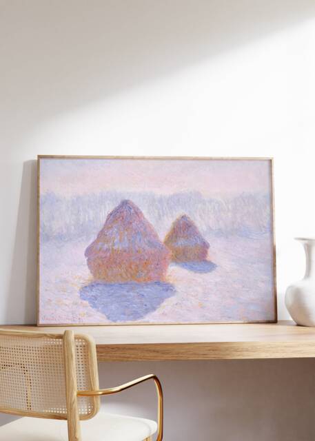 Claude Monet Haystacks Print, Winter Pastel Painting Poster, Vintage Snow & Sun Canvas, French Rural Landscape Wall Art, Home Decor Gift - image 1