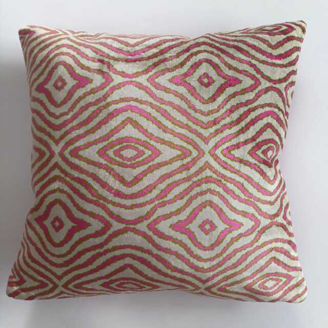 Silk Velvet Cushion Cover, Pink Ikat Pillow, Turkish Jacquard Cushion, Decorative Pillowcase 16''x16''/40x40 cm - image 1