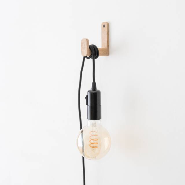 Oak Wood Wall Hook Lamp With Fabric Cord - Minimalist Sconce - image 1