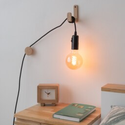 Oak Wood Wall Hook Lamp With Fabric Cord - Minimalist Sconce - thumbnail 2