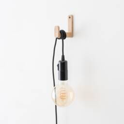 Oak Wood Wall Hook Lamp With Fabric Cord - Minimalist Sconce - thumbnail 1