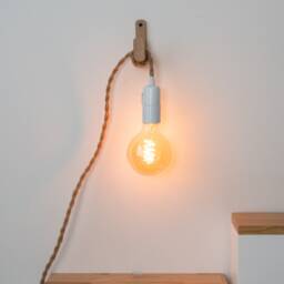 Oak Wood Wall Hook Lamp With Fabric Cord - Minimalist Sconce - thumbnail 3