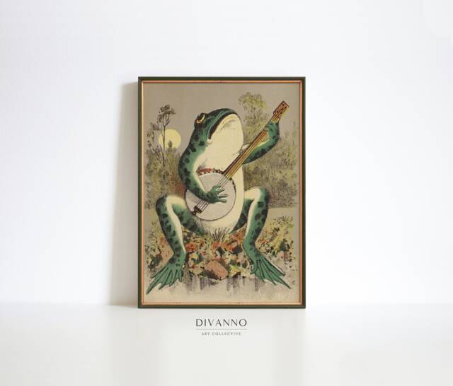 Frog Playing Banjo in The Moonlight, Vintage Poster, Antique Illustration, Printable Wall Art, Retro Print, Giclee Lithograph - image 1